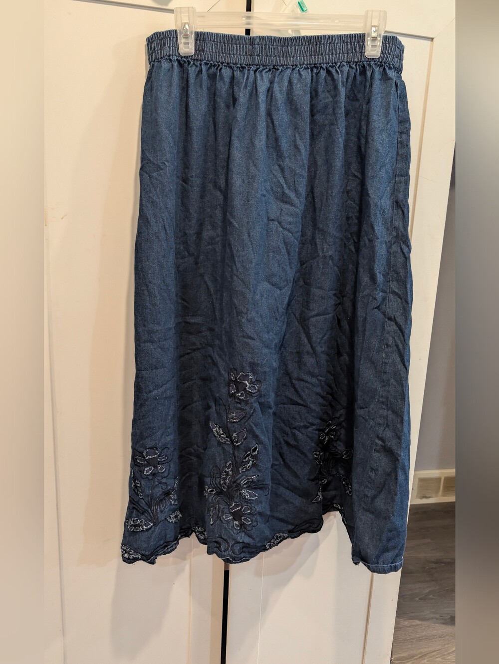Women's Navy Embroidered Midi Denim Skirt